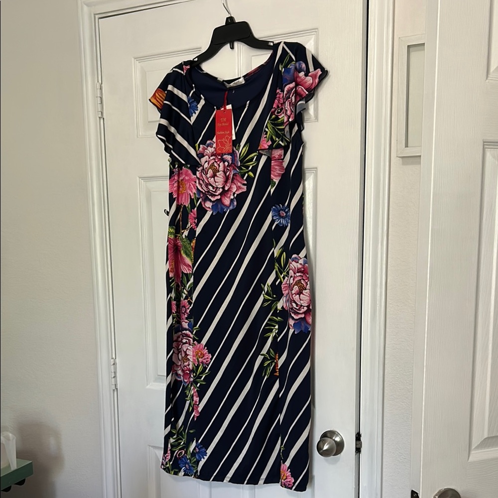 Navy and White Sheath floral stripe Midi Dress